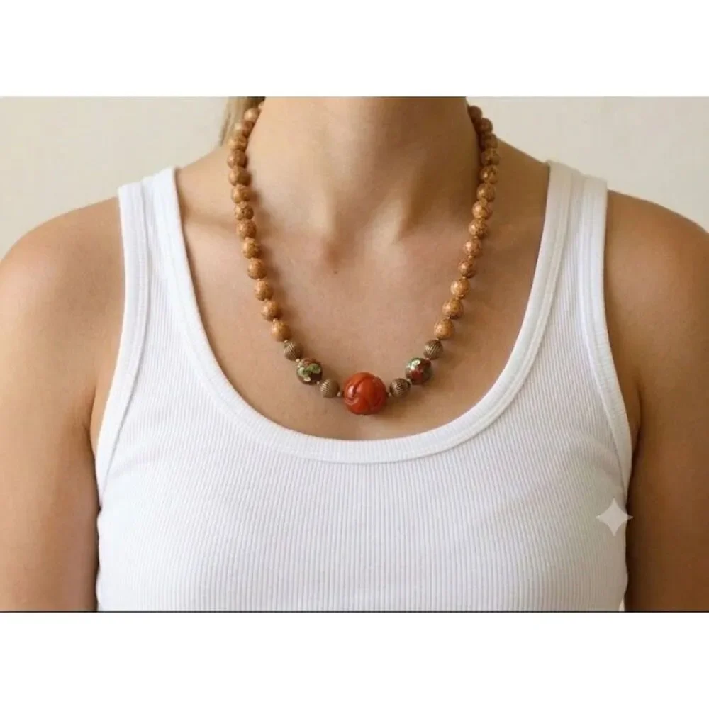 Vintage Carved Red Jasper & Cloisonne Beaded Statement Necklace 18